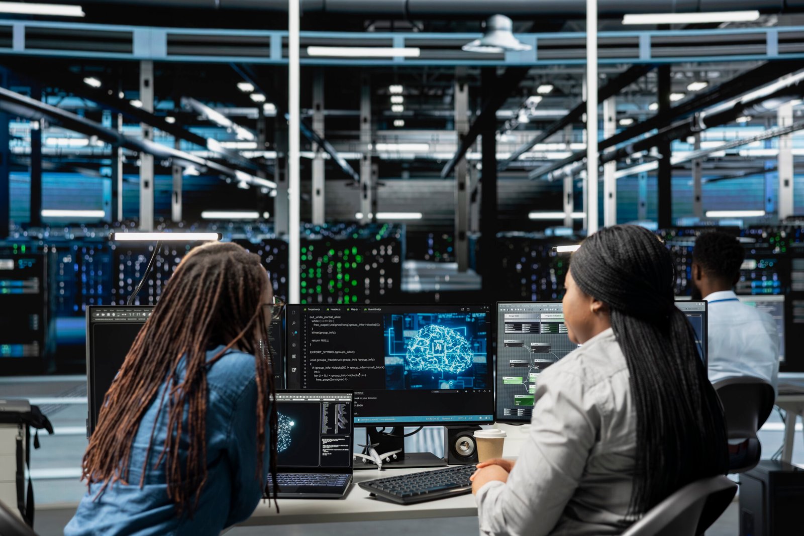 Data center engineering team working together, using AI visualization